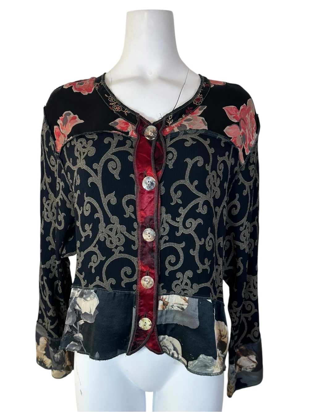 Vintage 90s Nothing Matches Art to Wear Patchwork Blouse Cherub Floral Velvet 2